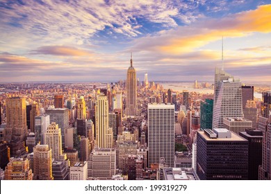 Sunset aerial view of New York City looking over midtown Manhattan towards downtown. - Shutterstock ID 199319279