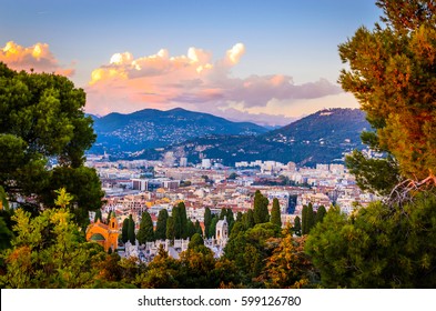 Sunset Aerial View Of Nice, Cote D'Azur, French Riviera, France