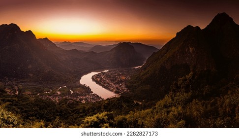 Sunset aerial view of Nong Khiaw, Laos - Shutterstock ID 2282827173