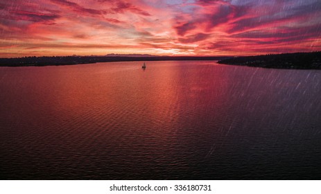Sunset aerial view over the lake