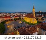Sunset aerial view of Piata Unirii square in Cluj-Napoca, Romania