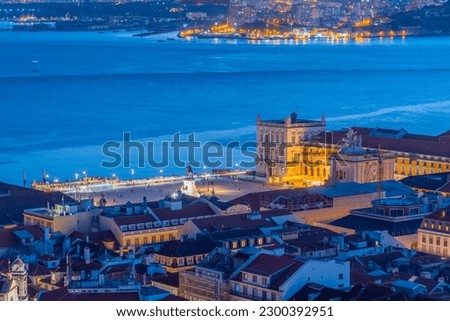 Sunset aerial view of praca do comercio square in Lisbon, Portugal..