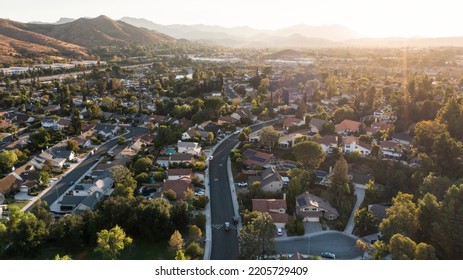 Sunset aerial view of single family housing in Agoura Hills, California, USA. - Shutterstock ID 2205729409