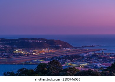 Sunset Aerial View Of Wellington International Airport In New Zealand