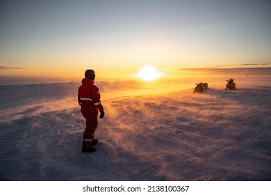 Sunset In Antarctica While Snow Storm