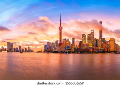 Sunset Architectural Landscape And Skyline In Shanghai