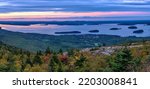 Sunset Bar Harbor - A panoramic overview of Bar Harbor and its islands at Frenchman Bay on a colorful Autumn evening, as seen from Cadillac Mountain of Acadia National Park. Maine, USA.
