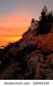 Sunset At Bass Harbor Lighthouse In Bar Harbor, Maine