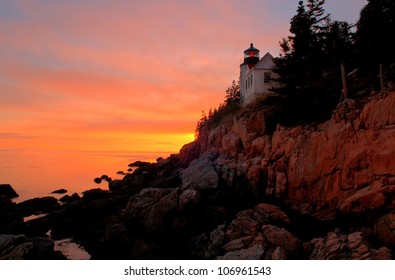 Sunset At Bass Harbor Lighthouse In Bar Harbor, Maine