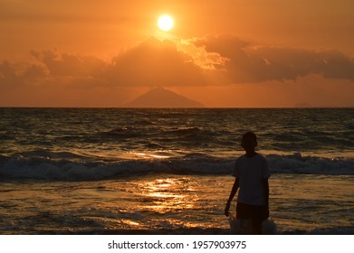 Sunset At Beach With Anak Krakatoa Mount