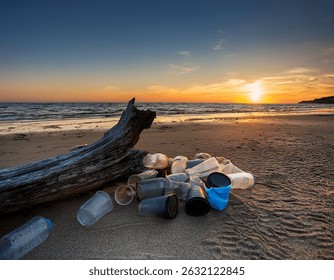 Sunset at Beach and with a pile of plastic cups near a piece of driftwood