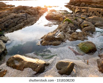 
sunset from the beach with rocks