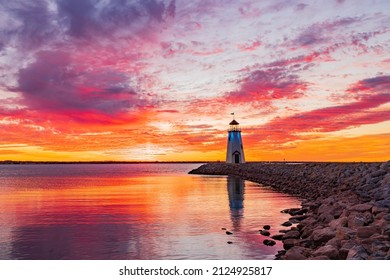 Sunset beautiful afterglow over the lighthouse of Lake Hefner at Oklahoma