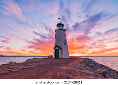 Sunset beautiful afterglow over the lighthouse of Lake Hefner at Oklahoma
