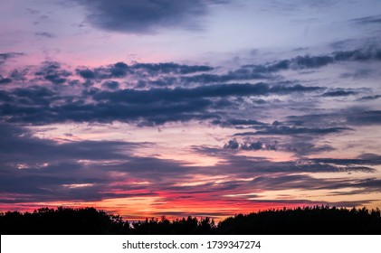 Sunset With Beautiful Cloudy Sky And Treeline At The Bottom. With Light Rays At Golden Hour