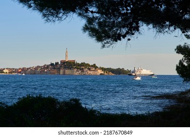 Sunset in beautiful Rovinj town (popular tourist resort and an active fishing port) at sunset. The old town of Rovinj, Istria, Croatia.