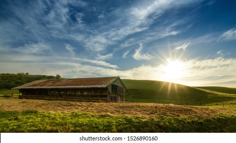Sunset Behind Rustic Barn on Farm with Field