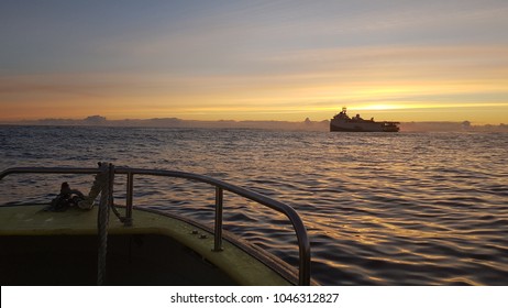 Sunset Behind A Seismic Survey Vessel