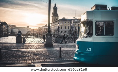 Sunset behind a Tram in the City of Goteborg, Sweden