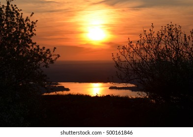 Sunset between trees with a lake