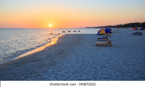 Sunset in Biloxi beach, Mississippi, along Gulf Coast shore