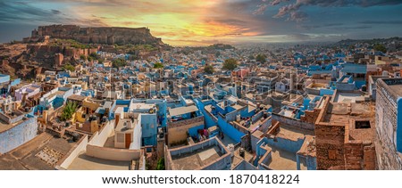Sunset at the Blue City and Mehrangarh Fort in Jodhpur. Rajasthan, India