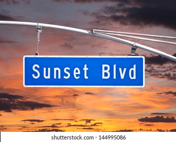 Sunset Blvd Overhead Street Sign With Sunset Sky.