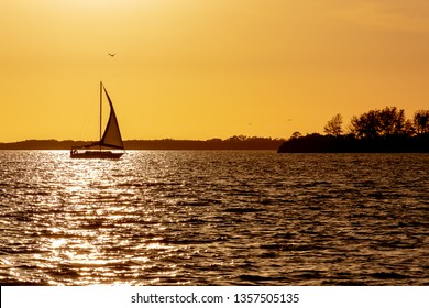 Sunset and boat on the inter coastal waterways of Florida, USA