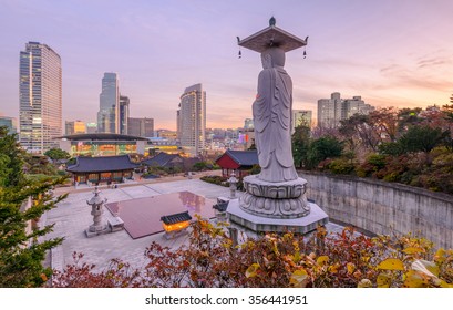 Sunset at Bongeunsa temple of downtown skyline in Seoul City, South Korea