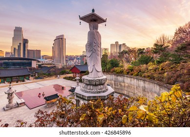 Sunset at Bongeunsa temple of downtown skyline in Seoul City, South Korea