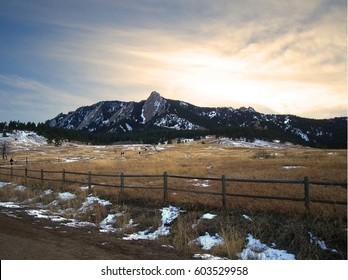 Sunset at Boulder, Colorado Mountain Park with view of the Flatirons in Winter with some Snow