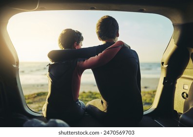 Sunset, boys and relax in car at beach with hug, bonding and love in summer for travel road trip with ocean. Family, back view and sunshine in transport, tropical vacation and sunrise adventure - Powered by Shutterstock