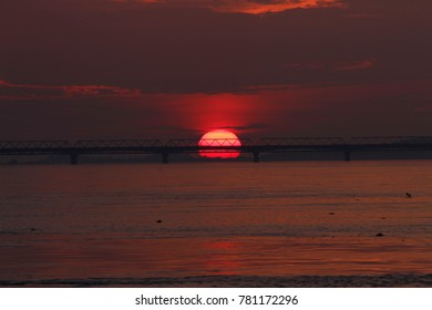 Sunset With Brahmaputra River With Saraighat Bridge View.