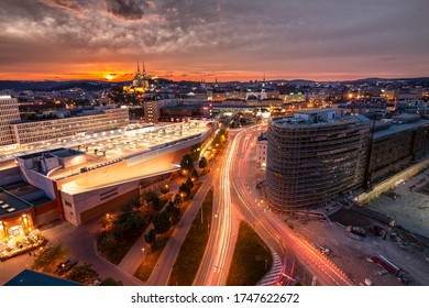 Sunset in Brno, Czech Republic. Orange sky in the city, long exposure. Beautiful sunset over a city