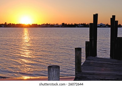 Sunset By A Boat Pier On The East Coast Of Florida