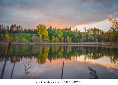 Sunset By A Lake With Some Fall Colors In Östergötland, Sweden