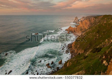 Sunset
Cabo da Roca (Cape Roca) is a cape which forms the westernmost extent of mainland Portugal and continental Europe (and by definition the Eurasian land mass).