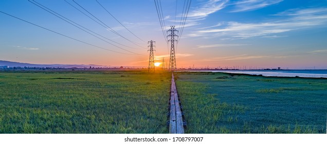 Sunset In California, Power Lines, Near Ocean