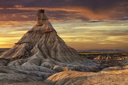 Sunset In Castildetierra, Bardenas Reales National Monument, Erosions Formed By Water And Wind Over Millions Of Years, Arguedas, Navarra, Spain
