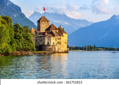Sunset of Chillon Castle at Geneva lake, Switzerland