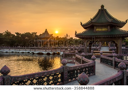 sunset with Chinese building scenes