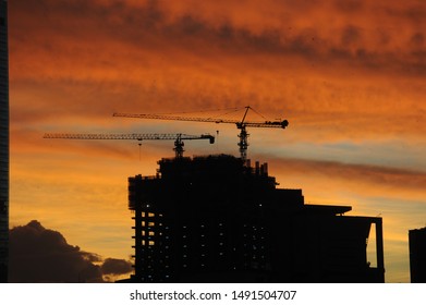 Sunset At The City Of  Jakarta With Building Silhoutte