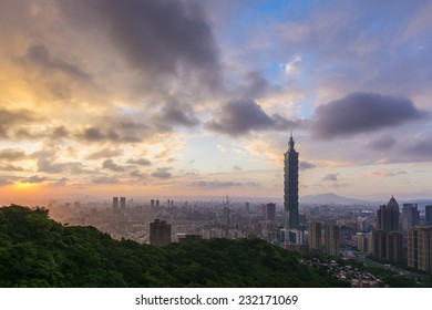 Sunset In The City Of Taipei. Taken From An Observation Deck, The Iconic Taipei 101 Tower Stands Out.