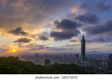 Sunset In The City Of Taipei. Taken From An Observation Deck, The Iconic Taipei 101 Tower Stands Out.