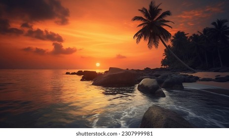 Sunset with clouds over the coast with palm trees and stones, Generative AI