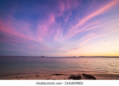 Sunset Colorful Sky On Sea, Tropical Desert Beach, No People, Dramatic Clouds, Travel Destination Getting Away, Long Exposure Indonesia Sumatra Banyak Islands