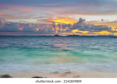 Sunset Colorful Sky On Sea, Tropical Desert Beach, No People, Dramatic Clouds, Travel Destination Getting Away, Long Exposure Indonesia Sumatra Banyak Islands