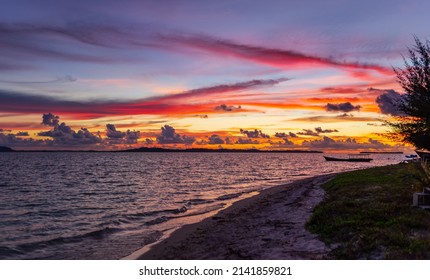 Sunset Colorful Sky On Sea, Tropical Desert Beach, No People, Dramatic Clouds, Travel Destination Getting Away, Long Exposure Indonesia Sumatra Banyak Islands