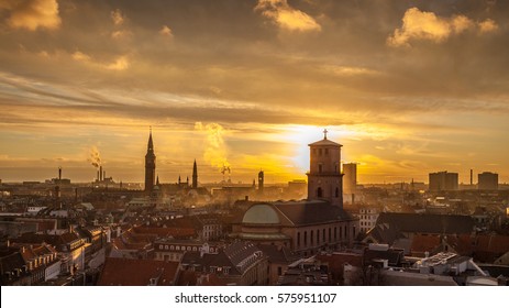  Sunset in Copenhagen. The capital and most populous city of Denmark. A popular place for tourists and traveler. Impressed by a historic old town and special architecture.