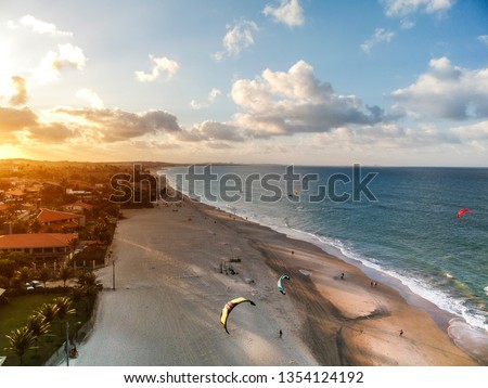 Sunset at Cumbuco beach, famous place near Fortaleza, Ceara, Brazil. Aerial view